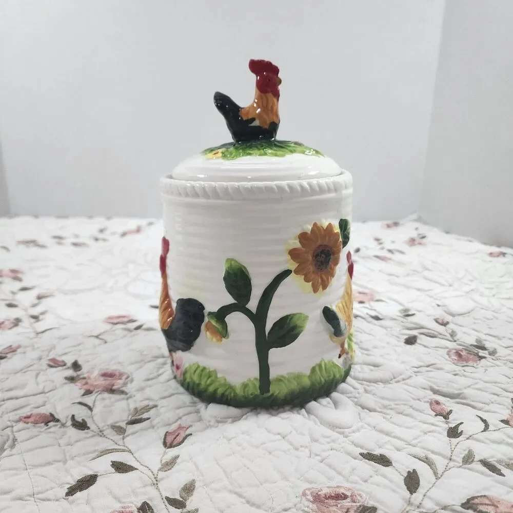 Vintage Ceramic Rooster Sunflower Canister Storage Jar Farmhouse Kitchen Lid